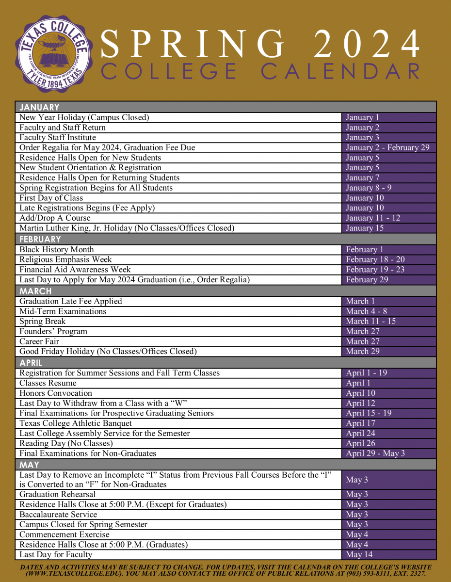 Spring 2024 College Calendar