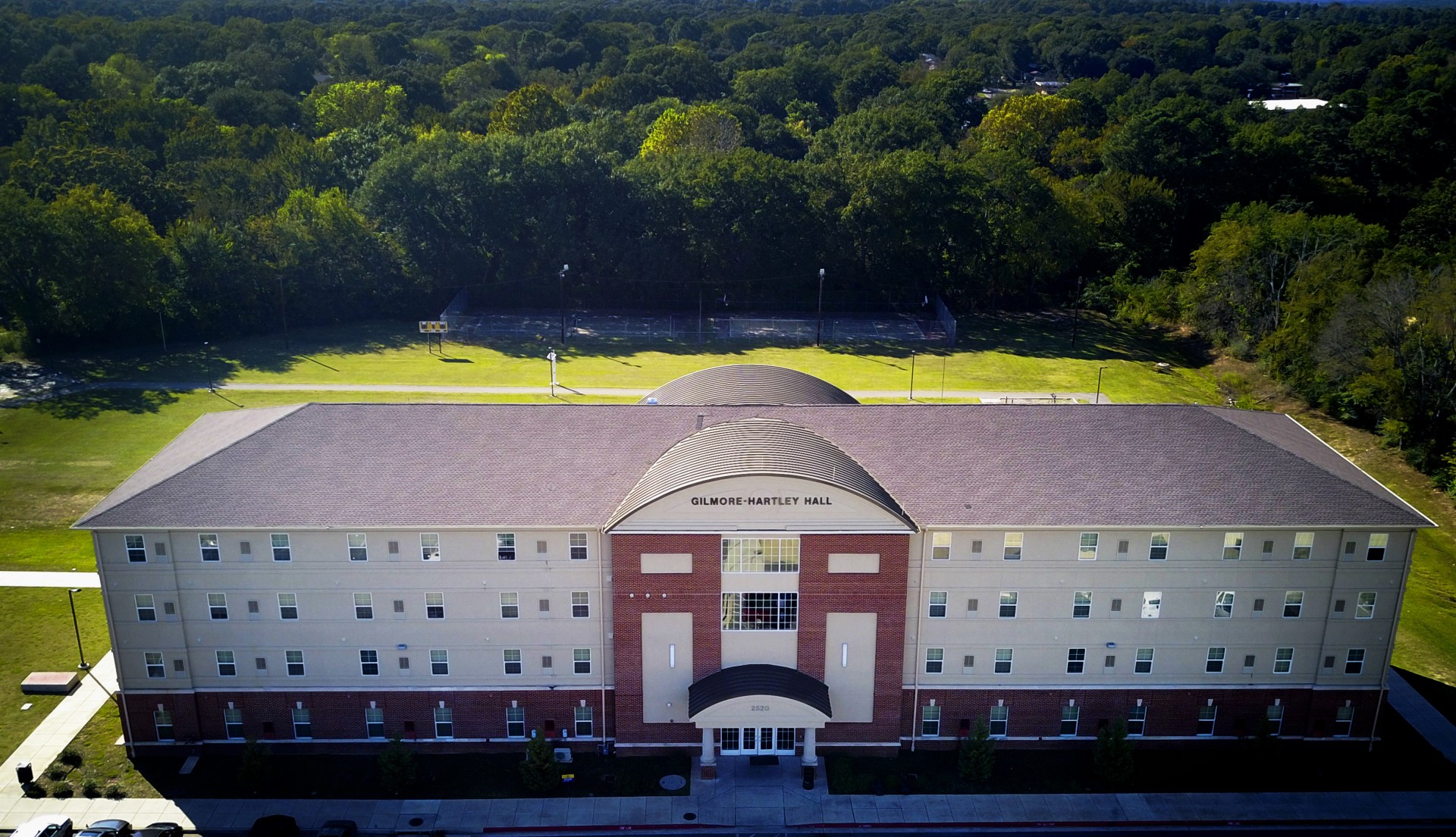Pictured is Gilmore-Hartley Hall, a four story residence hall.