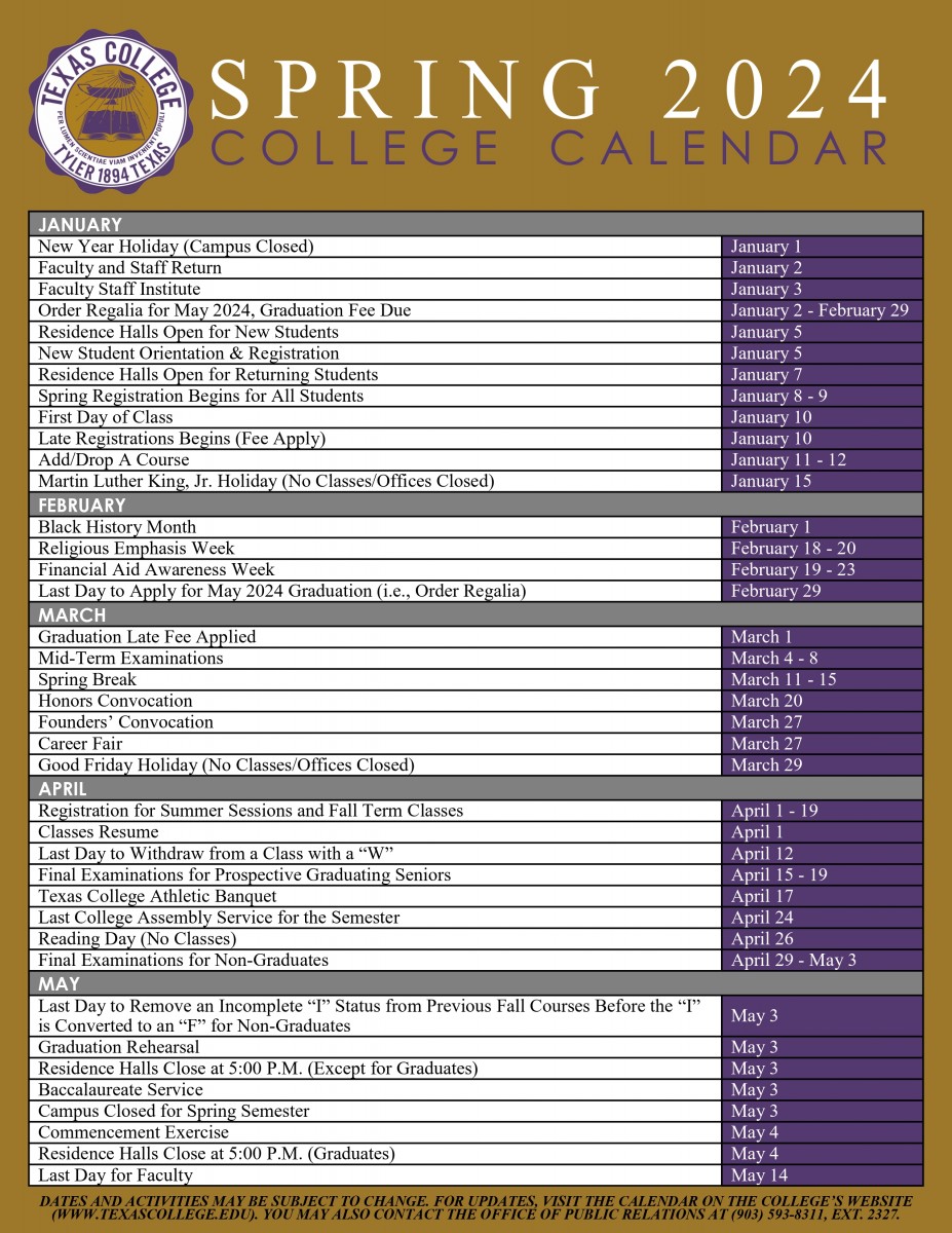 Spring 2024 College Calendar