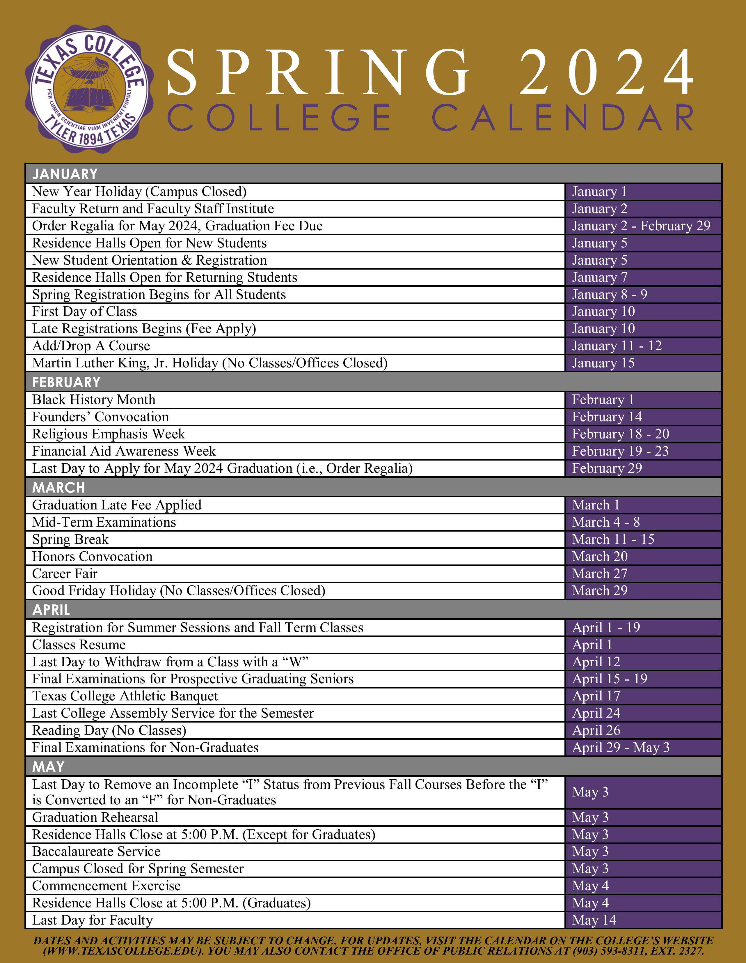 Spring 2024 College Calendar